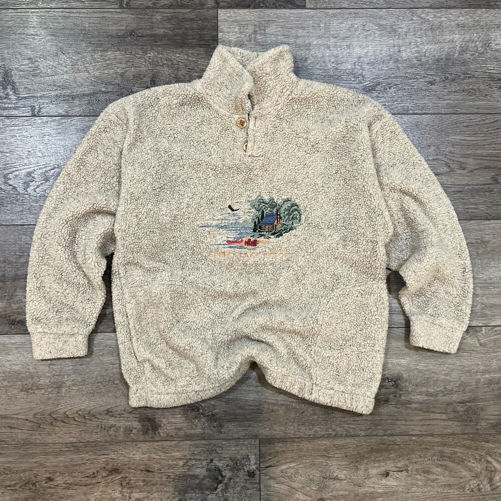 Vintage 90s Art Unlimited Berber Sherpa Cabin Embroidery Pullover L Men's Large